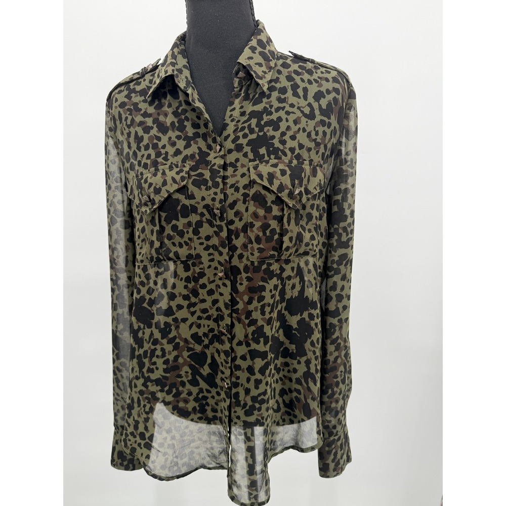 Rock & Republic Button Down Women S Green Leopard Good Studded Sheer Shirt
